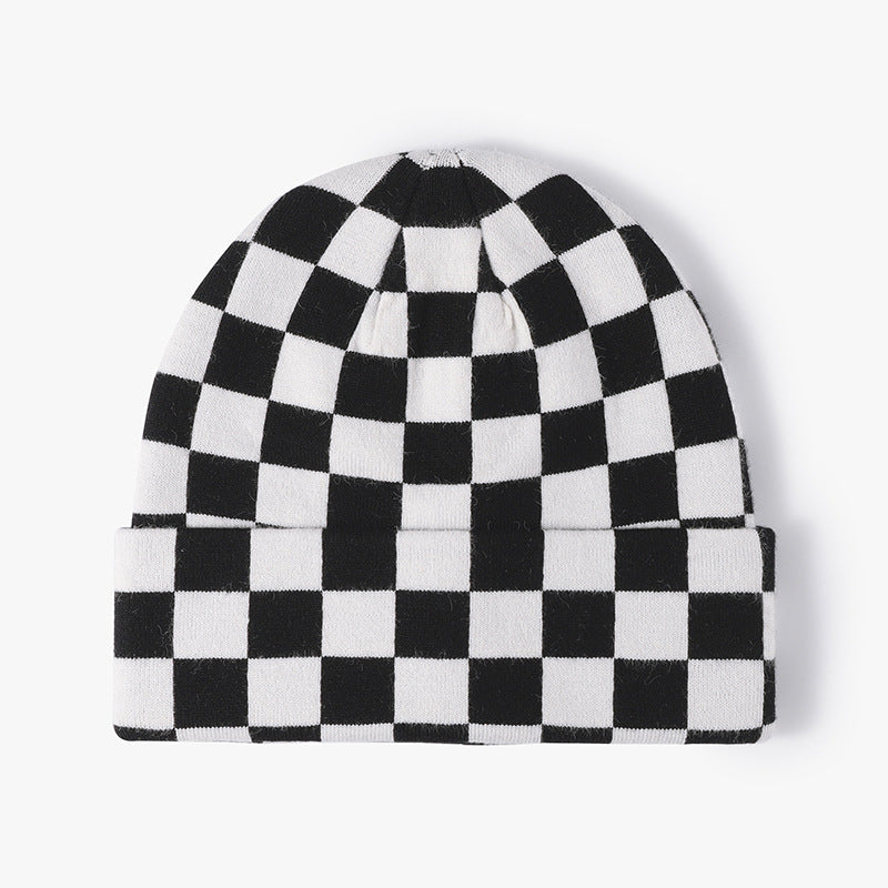 Color Contrast Checkered Knit Beanie Warm Hat