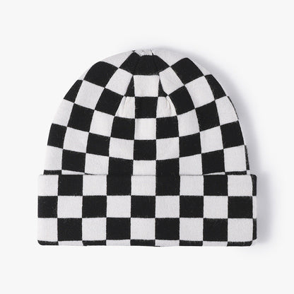 Color Contrast Checkered Knit Beanie Warm Hat