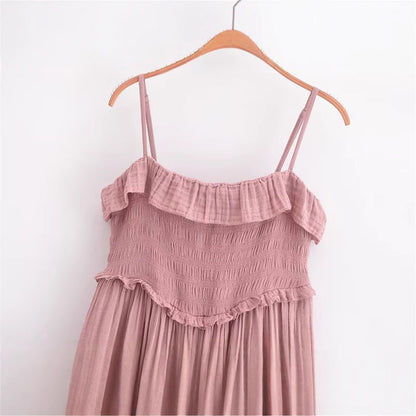 Casual Pleated Spaghetti Strap Ruffle Maxi Dress