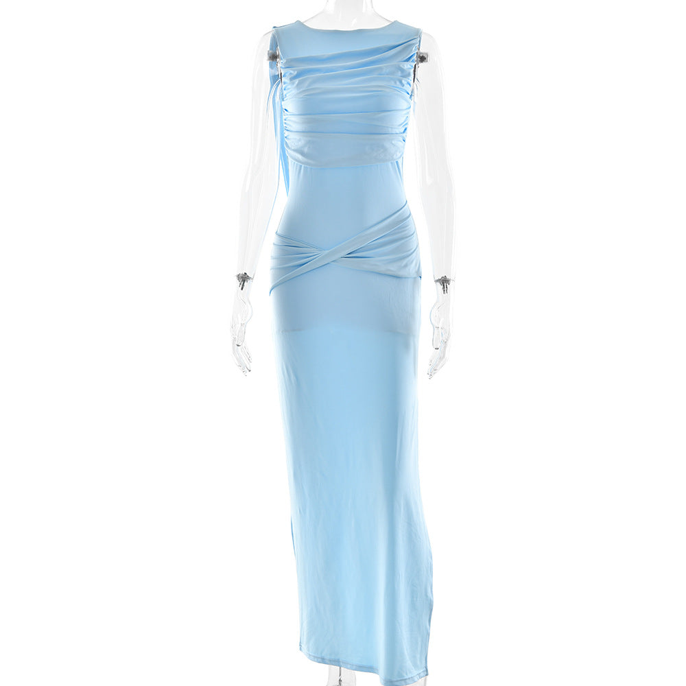 Fashion Round Neck Pleated Sleeveless Maxi Dress