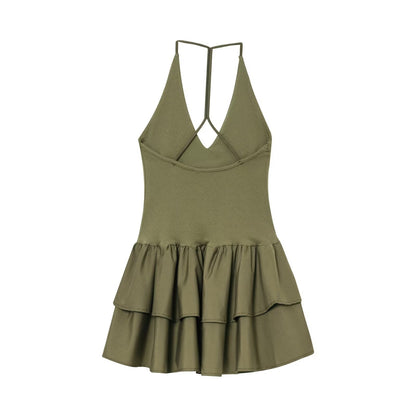 Trendy Solid Color Ruffle Hem Halter Dress