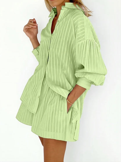 Striped Lantern Sleeves Shirt Short Set