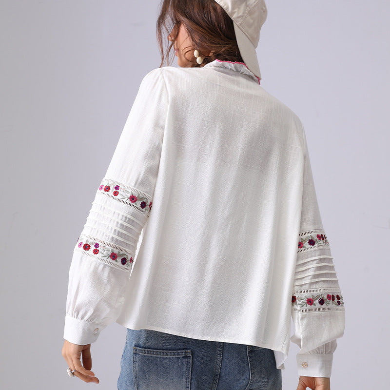 Minimalist Floral Embroidered Ruffle Neck Top