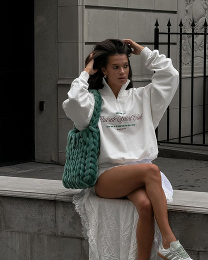 Zipper Letter Print Loose Hoodie