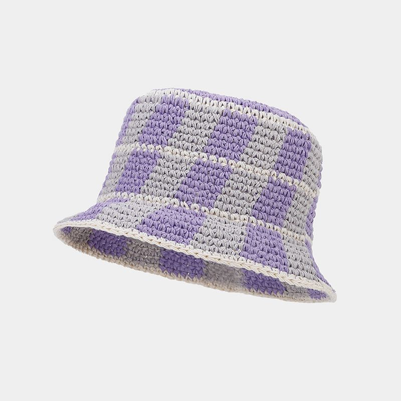 Contrast Color Plaid Casual Crochet Bucket Hat