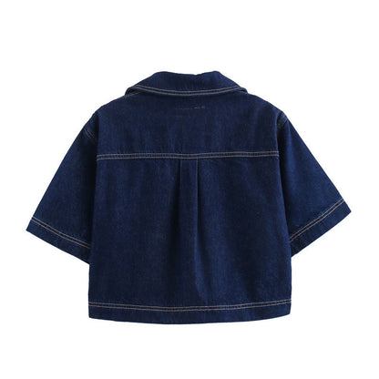 Trendy Cropped Denim Shirt and Skort Set