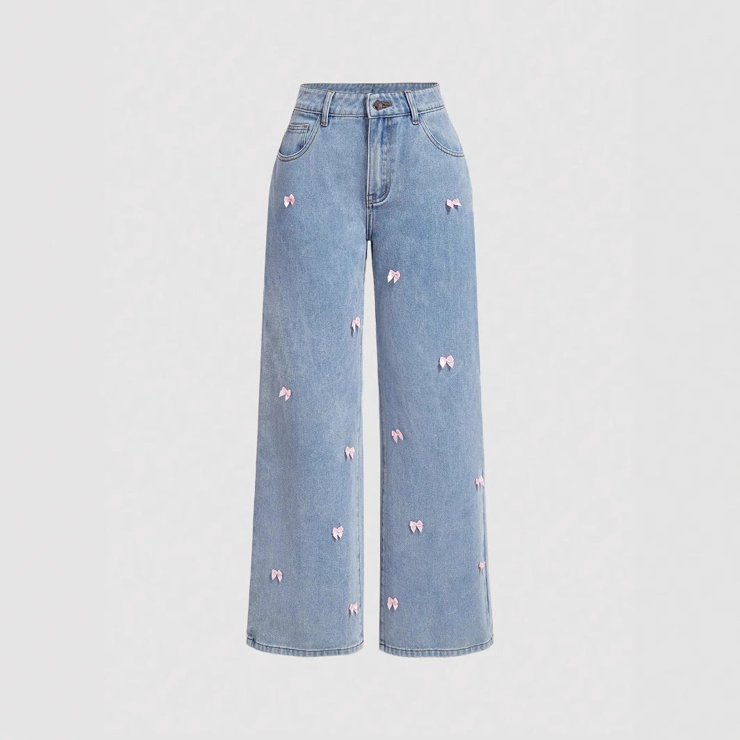 High Waist Washed Bow Loose Jeans
