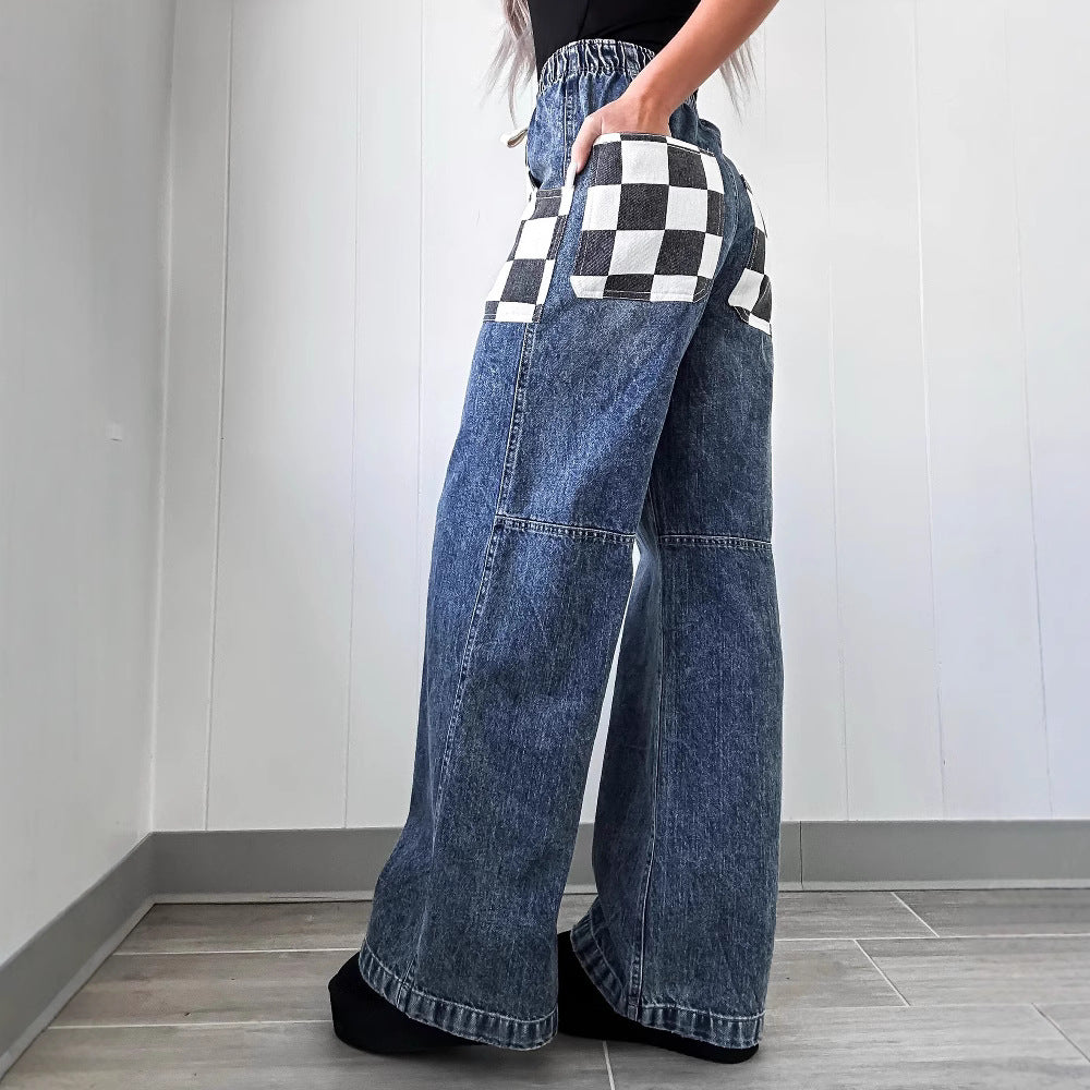 Casual Color Block Plaid Denim Long Jeans