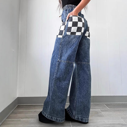Casual Color Block Plaid Denim Long Jeans