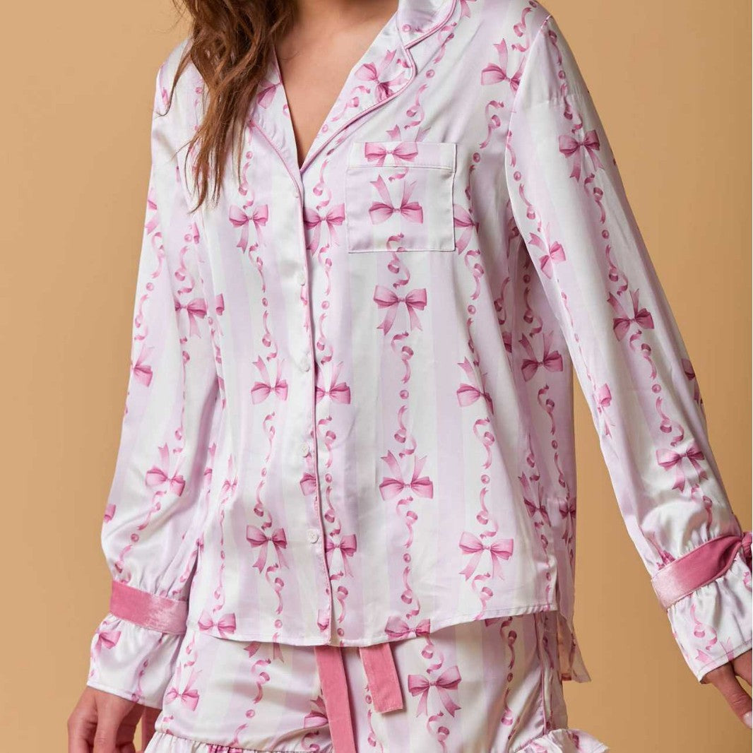 2 Pcs Cute Flower Print Satin Ruffled Pajamas Set