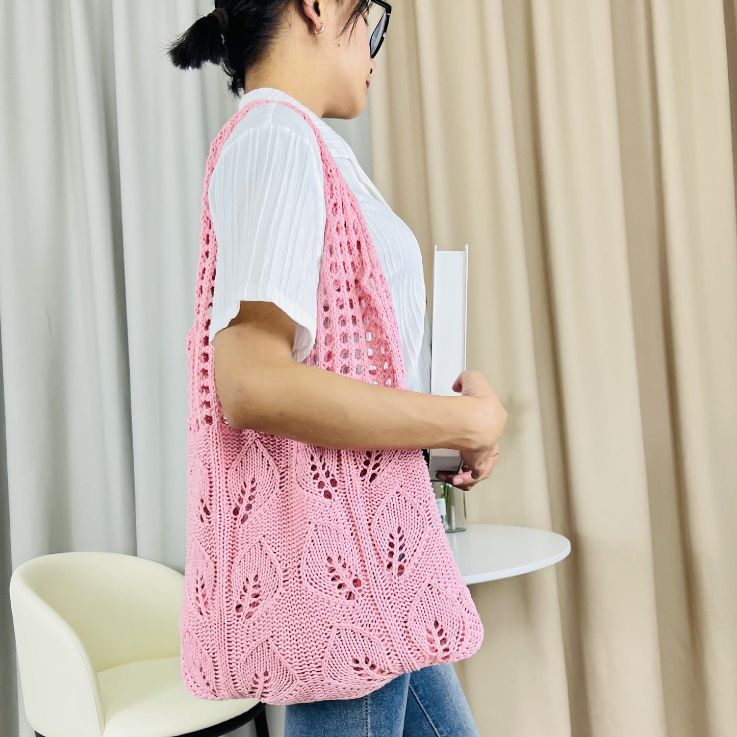 Solid Color Hollow Out Knit Shoulder Tote Bag