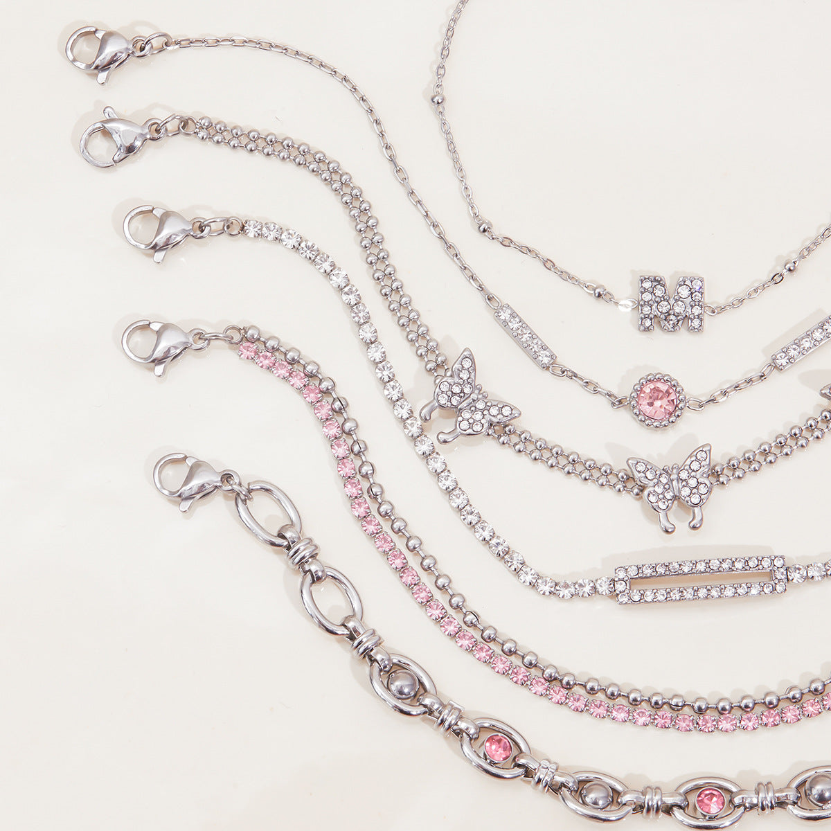 Stainless Steel Charm Linked Chain Strand Bracelet