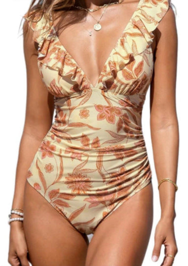 Floral Print Flounce Back String Tie Swimwear