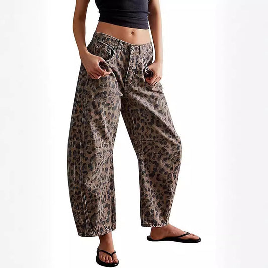 Leopard Print Loose Midi Waist Wide Leg Jeans