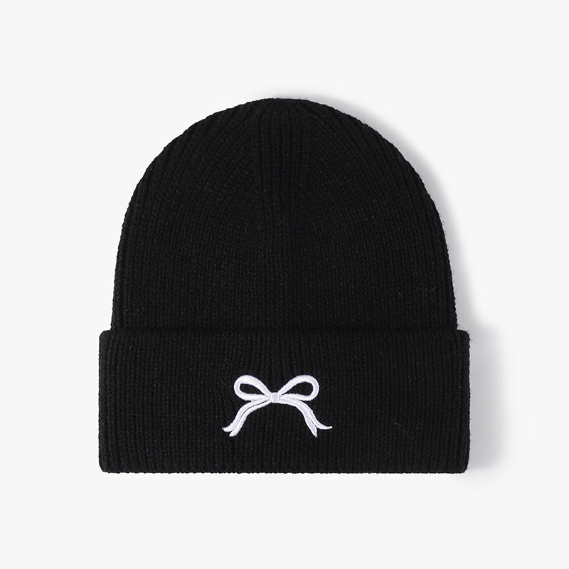 Cute Bow Embroidery Cuffed Thicken Knit Beanie