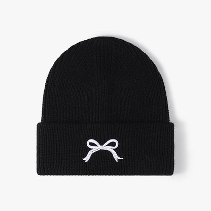 Cute Bow Embroidery Cuffed Thicken Knit Beanie