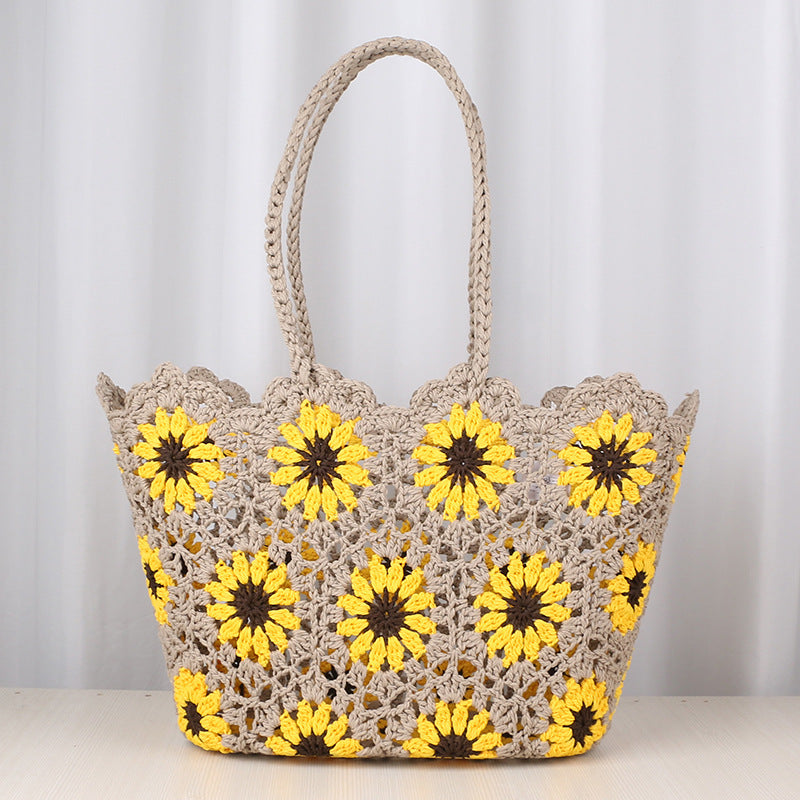 Hollow Out Flower Woven Shoulder Tote Bag