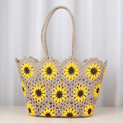 Hollow Out Flower Woven Shoulder Tote Bag