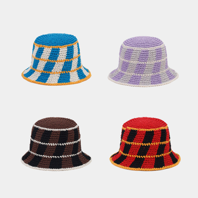 Contrast Color Plaid Casual Crochet Bucket Hat