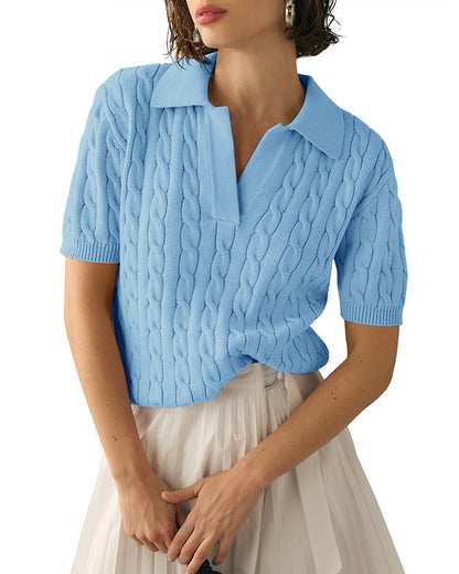 Lapel V-Neck Twist Short Sleeves Knit Tops