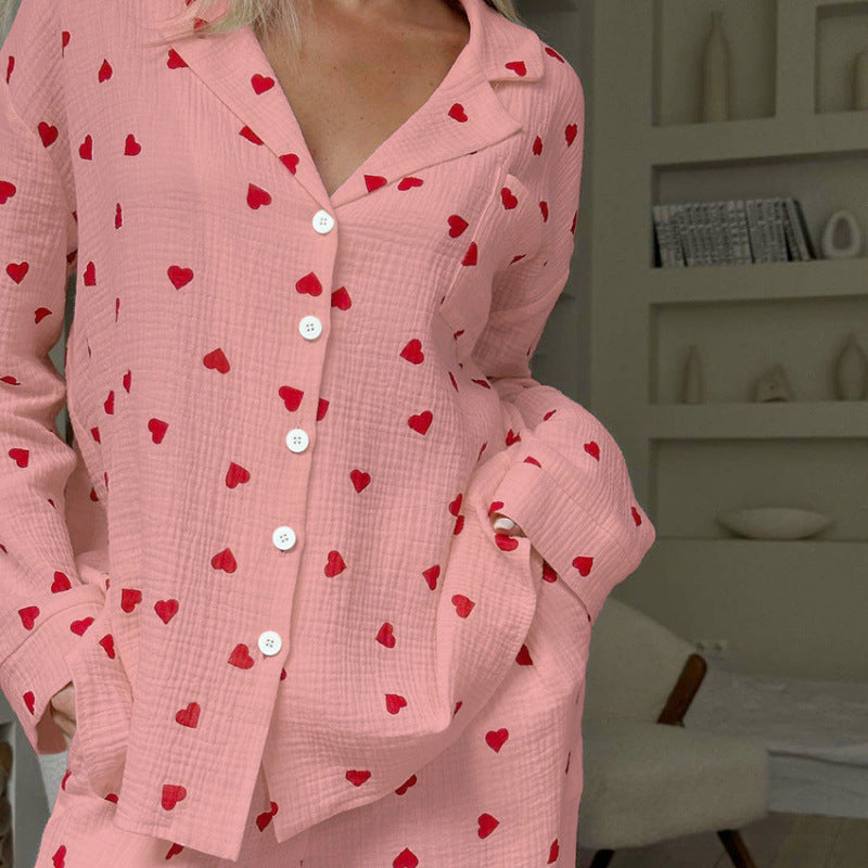 Heart Print Lounge Button Up Pajamas Set