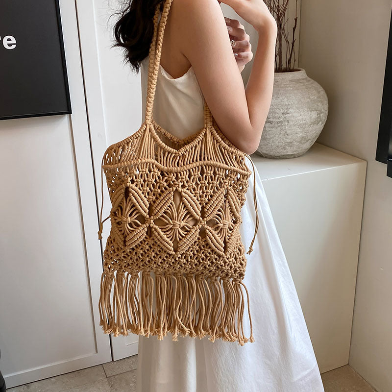 Tassel Hollow Out Woven Shoulder Bag