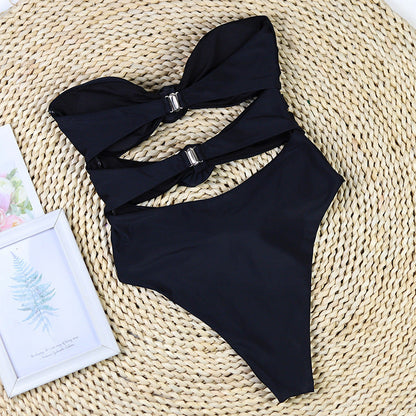 Solid Color Strapless Hollow Out Flower Sexy Swimwear