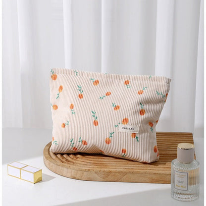 Floral Sreipe Corduroy Portable Cosmetic Bag