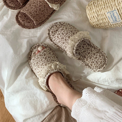 Vintage Floral Print Lace Trim Slippers