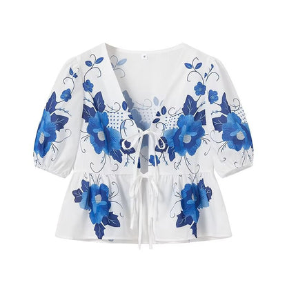 Trendy Flower Printed Tie Front Crop Top