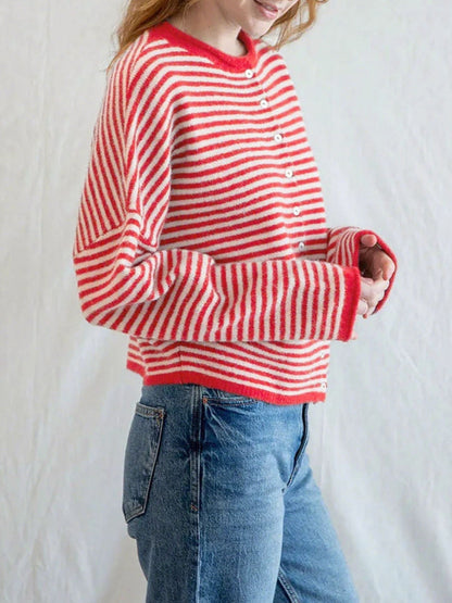 Casual Striped Round Neck Long Sleeve Cardigan