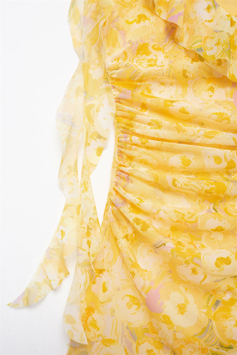 Sweet Pleated Printed Bodycon Mini Dress