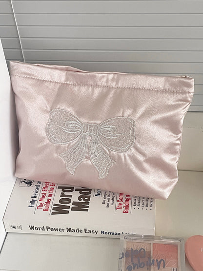 Cute Embroidered Bow Satin Makeup Bag