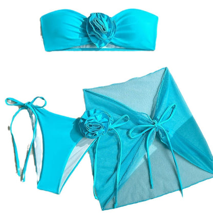3-Piece Sexy 3D Floral Bandeau Bikini Set