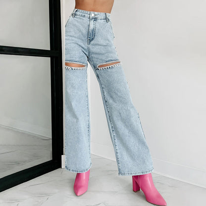 Trendy Ripped Rhinestone Stud Staight Leg Jeans