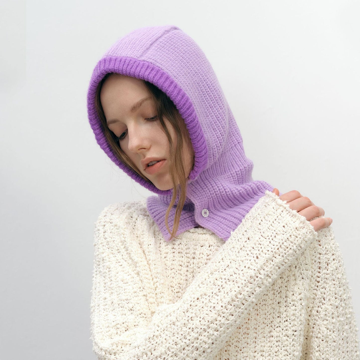 Simple Color Block Button Down Knit Hat Scarve