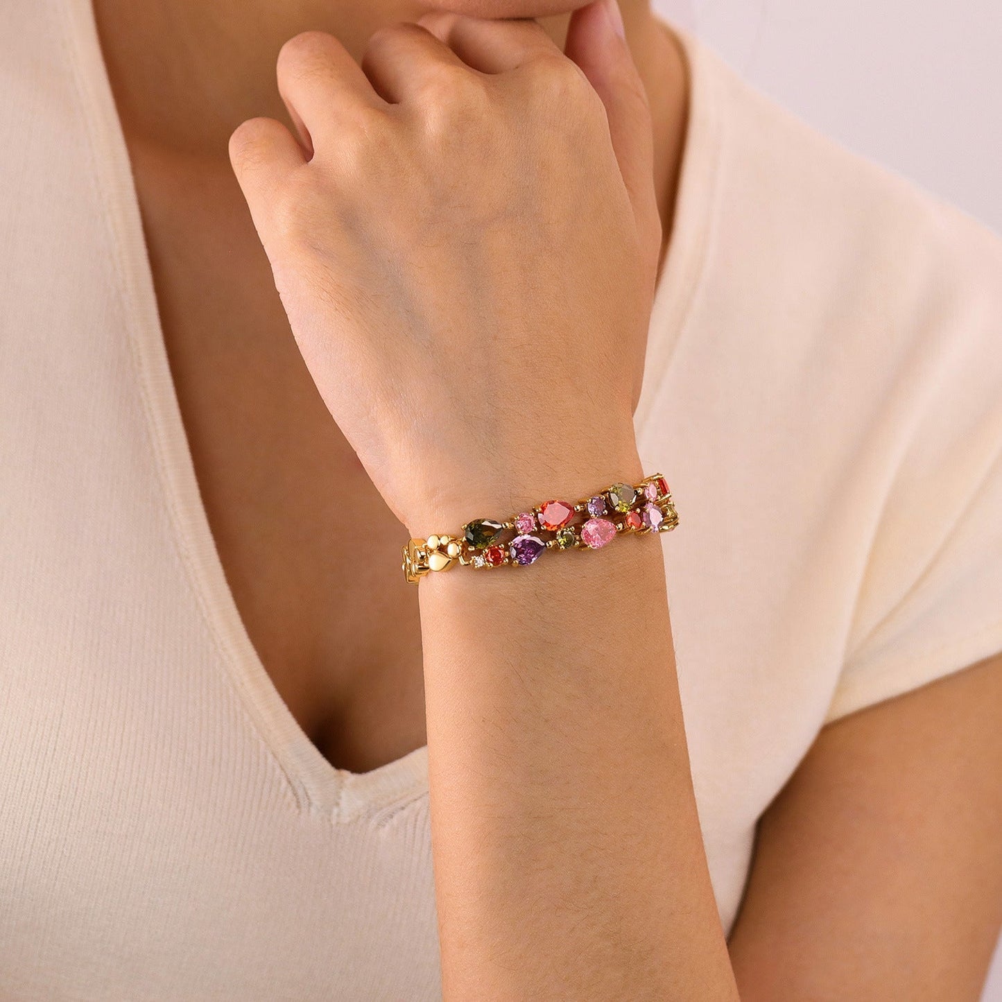 Colorful Cubic Zirconia Heart Double-Layer Bracelet