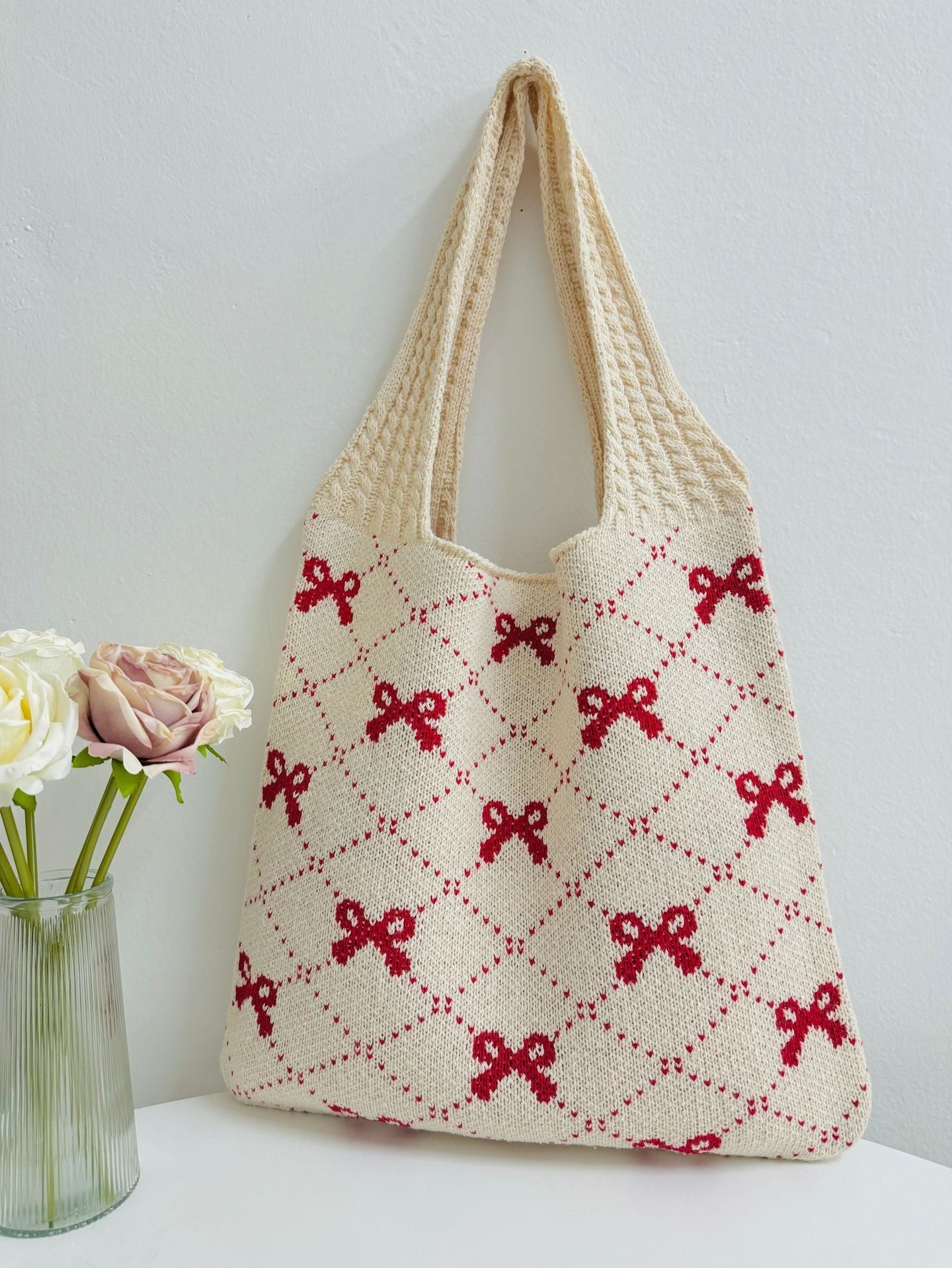 Bows Print Large Capacity Knit Shoulder Bag