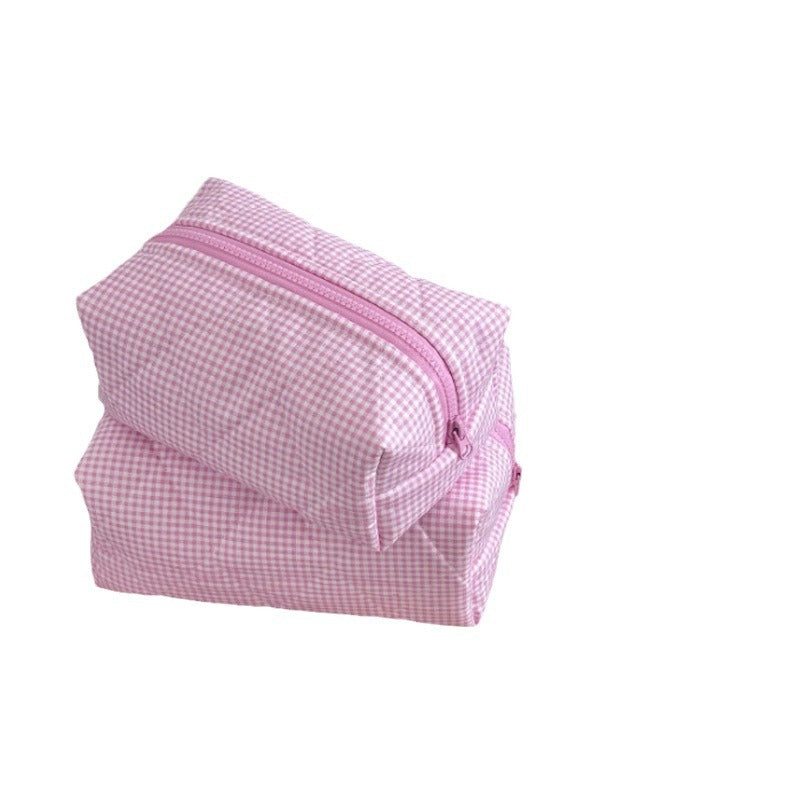 Pink Plaid Sweet Large Capacity Make Up Bag