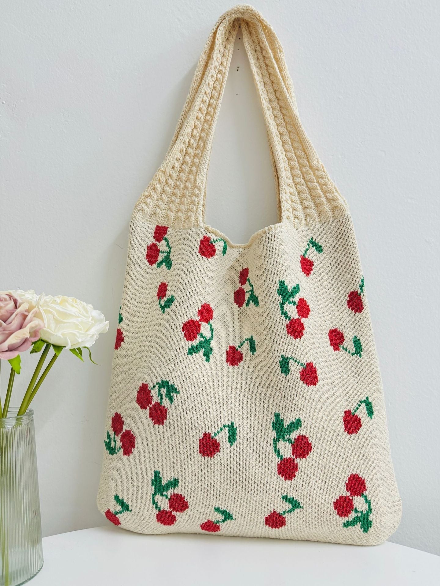 Cherry Print Cute Shoulder Bag Knit Tote Bag