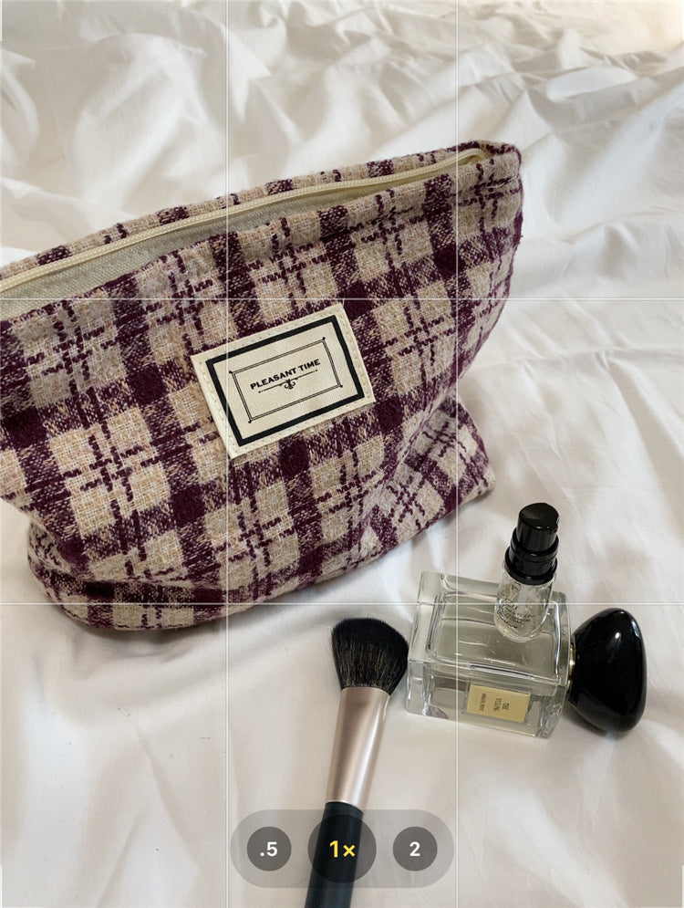 Plaid Color Block Large Capacity Make Up Bag