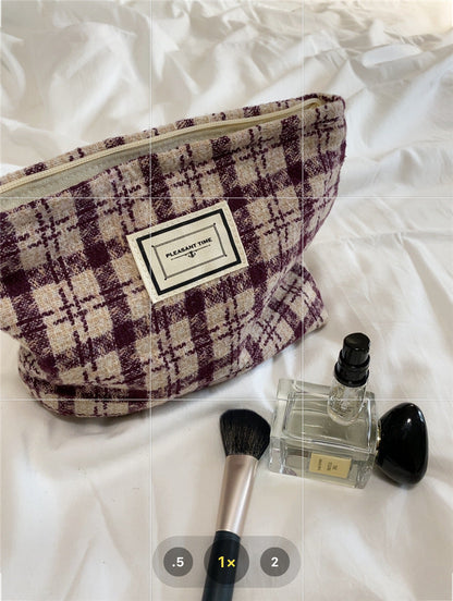 Plaid Color Block Large Capacity Make Up Bag