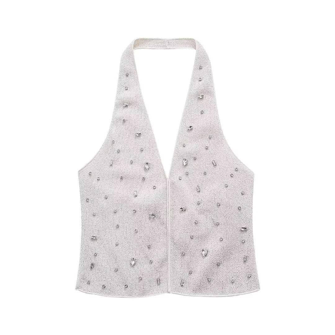 Sexy Rhinestone Halter Top Triangle Shorts Set