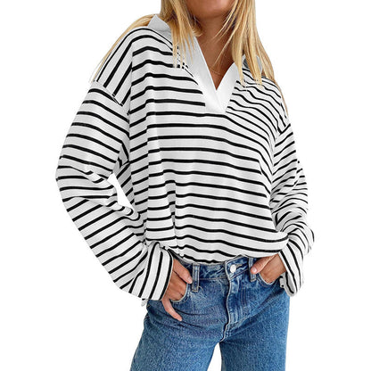 Lapel Striped Color Block Pullover Sweatshirt