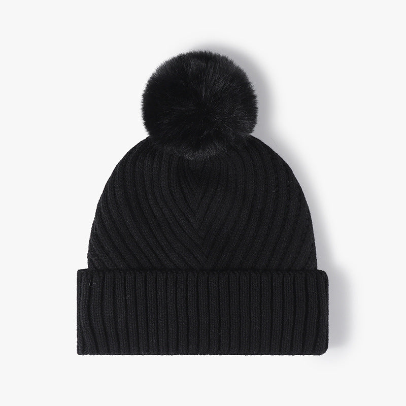Solid Color Ribbed Knit Pom Beanie
