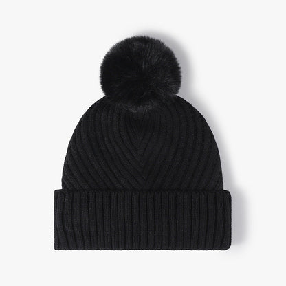 Solid Color Ribbed Knit Pom Beanie