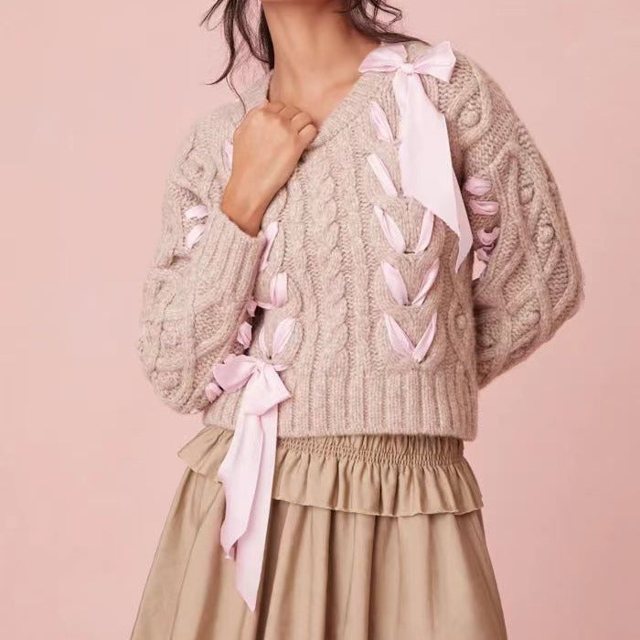 Bows Sweet Twist Round Neck Sweater