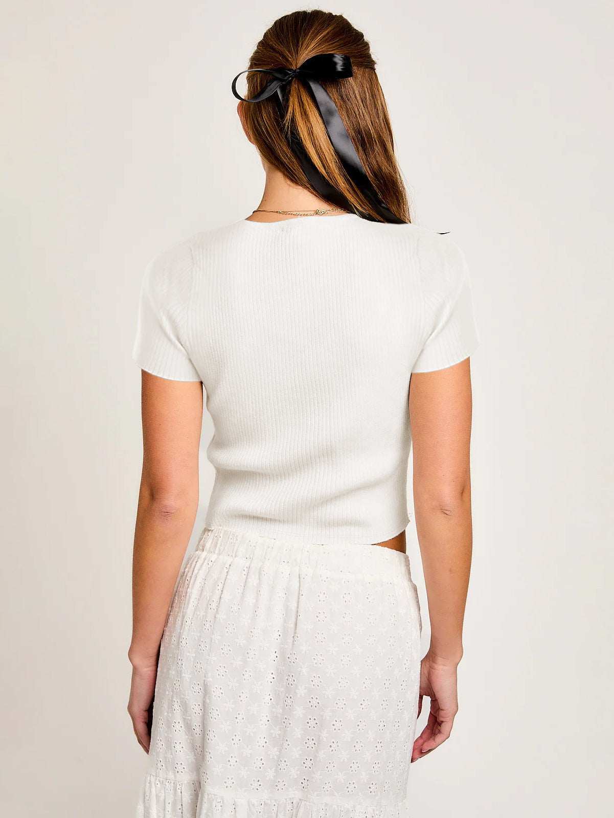 Crew Neck Hollow Out Bow Short Top