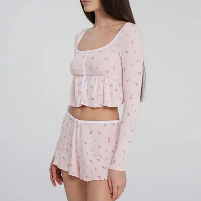 Ruffle Floral Cozy Soft Loungewear Set