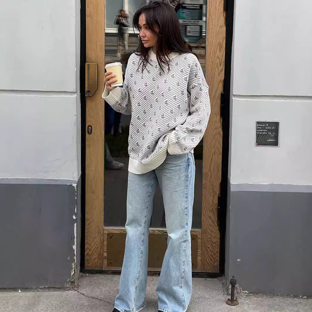 Print Contrast Color Loose Sweater